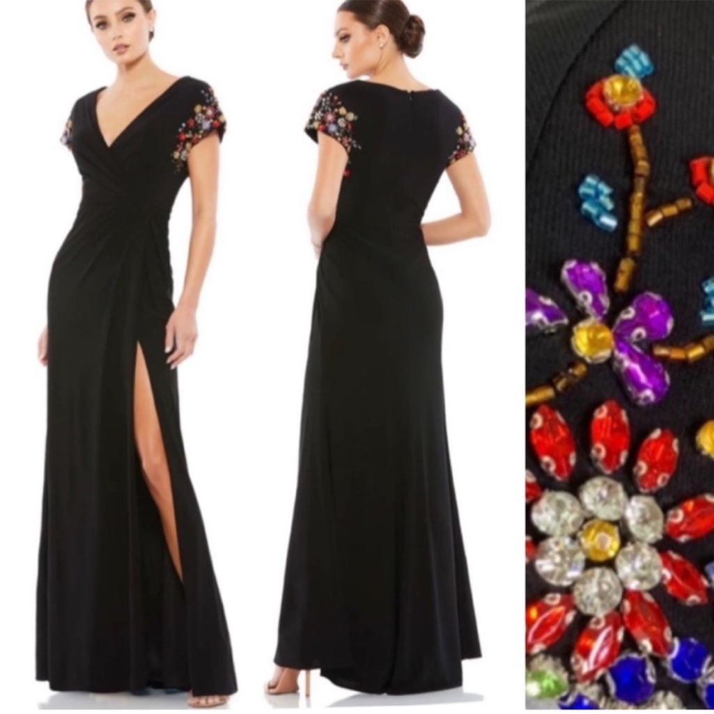 Mac Duggal 55709 Black Beaded Sleeve Faux Wrap Cocktail Gown Size 4